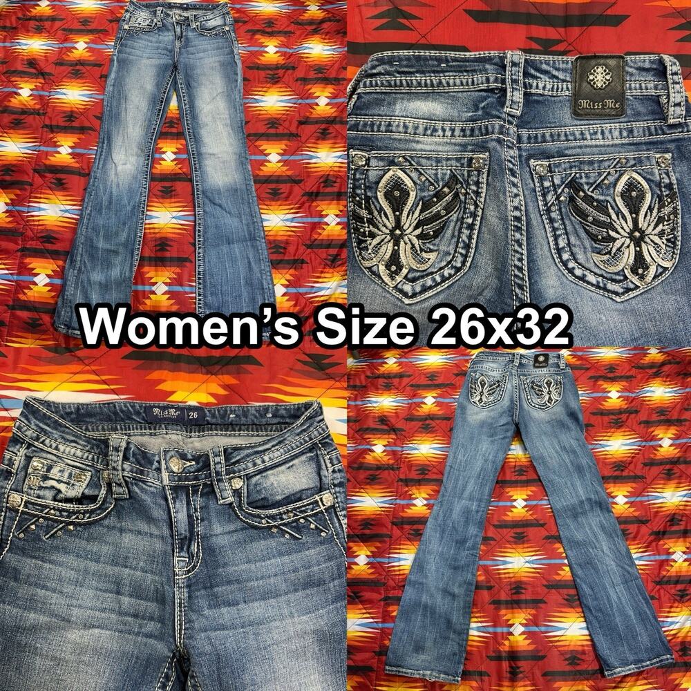 Miss Me Chloe Boot Blue Jeans Womens Size 26x32 Bootcut Rhinestones Wings Studs